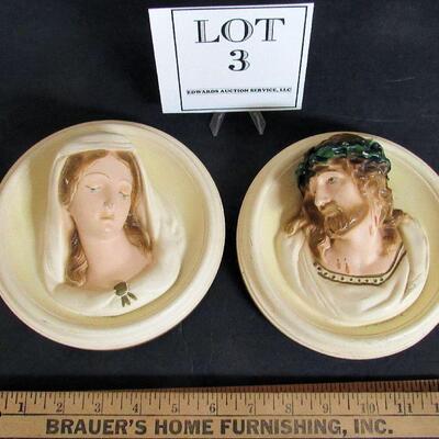 Vintage Plaster Religious Wall Plaques, Jesus and Mary, Dimensional