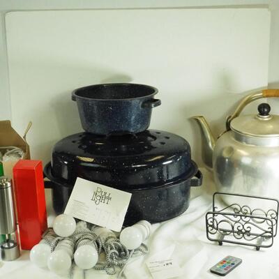 Lot 189- Enamel cookware, very large tea kettle, battery pull lights