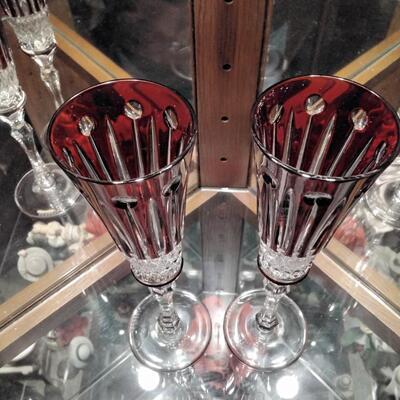 FABERGE Set of 2 XENIA Ruby Red Cut to Clear Crystal Champagne Flutes signed In presentation case