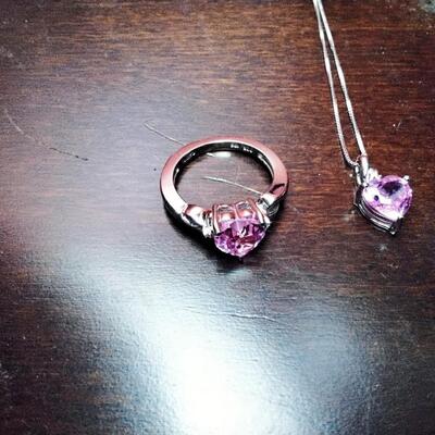 Pink Sapphire & Diamonds Sterling Silver Necklace & Ring Set