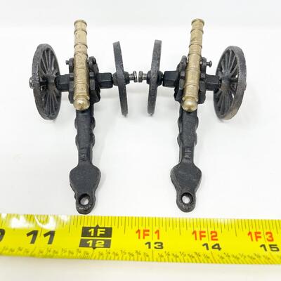 CAST IRON & BRASS 4â€ CANNON FIGURINES SET OF 2