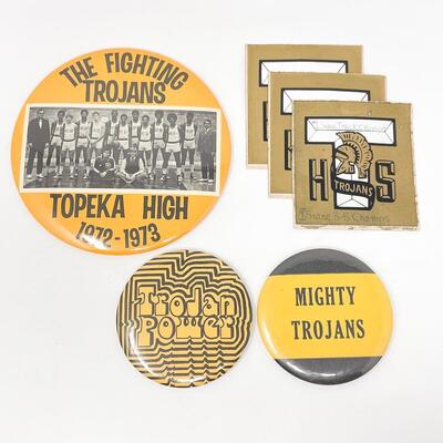 VINTAGE TOPEKA HIGH TROJANS BUTTON & STICKER BUNDLE