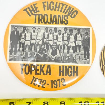 VINTAGE TOPEKA HIGH TROJANS BUTTON & STICKER BUNDLE