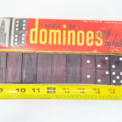 VINTAGE HALSAM DOUBLE-SIX WOODEN DOMINOES - EMPIRE STATE BUILDING