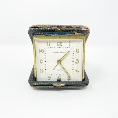 VINTAGE PHINNEY-WALKER TRAVEL ALARM CLOCK W/ LEATHER CASE