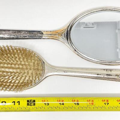 VINTAGE VANITY MIRROR AND BRUSH GOLD & SILVER TONED SET