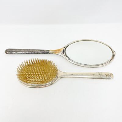 VINTAGE VANITY MIRROR AND BRUSH GOLD & SILVER TONED SET