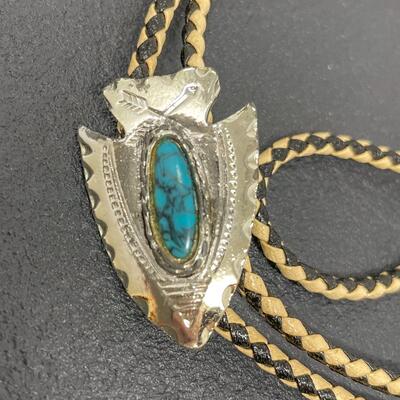 BLACK & TAN BOLO TIE W/ SILVER & TURQUOISE ARROWHEAD SLIDE