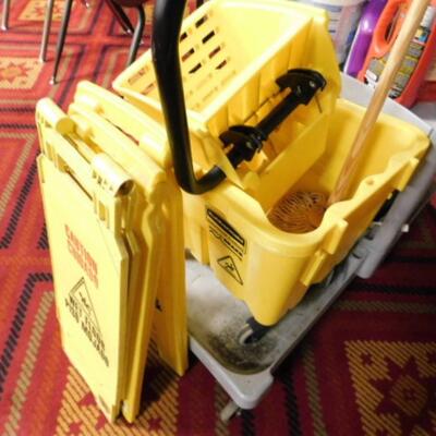 Janitorial Utility Cart with Mop Bucket and Floor Signs