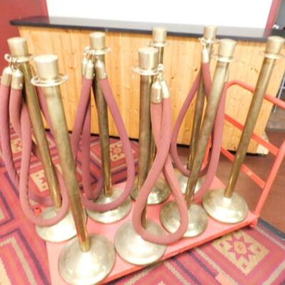 8ct Vintage Brass Post Stanchions with Velvet Rope Barriers