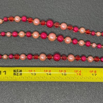 VINTAGE PINK & RED BEADED 3 STRAND NECKLACE