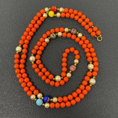 LONG ORANGE & MULTICOLOR BEADED NECKLACE