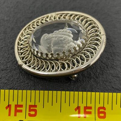 SILVER METAL BROOCH W/ ETCHED CAMEO