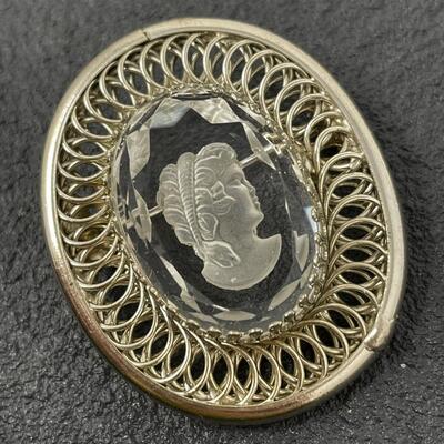 SILVER METAL BROOCH W/ ETCHED CAMEO