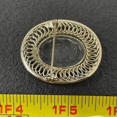 SILVER METAL BROOCH W/ ETCHED CAMEO