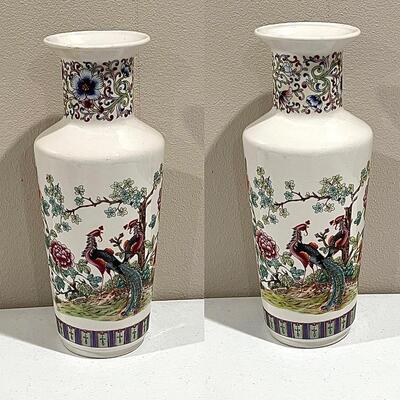Pair ~ Peacock & Floral Porcelain Vases ~ Made In Italy