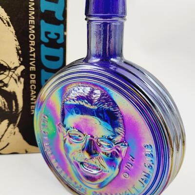 VINTAGE TEDDY ROOSEVELT COMMERATIVE IRIDESCENT DECANTER W/ BOX