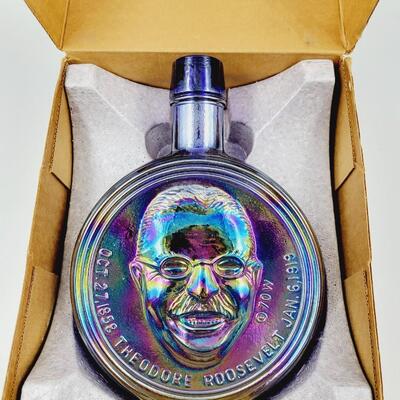 VINTAGE TEDDY ROOSEVELT COMMERATIVE IRIDESCENT DECANTER W/ BOX