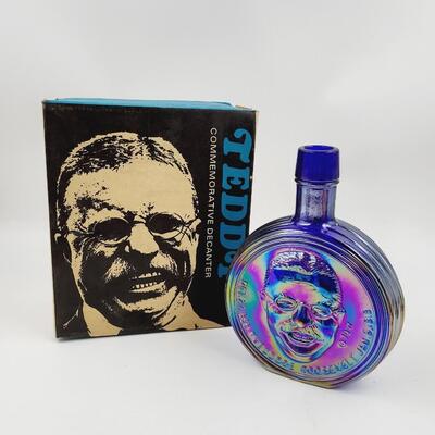 VINTAGE TEDDY ROOSEVELT COMMERATIVE IRIDESCENT DECANTER W/ BOX