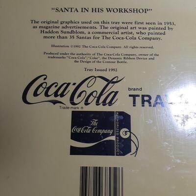Vintage Coke Santa in his workshop metal tray