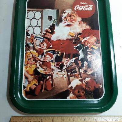 Vintage Coke Santa in his workshop metal tray