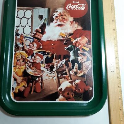 Vintage Coke Santa in his workshop metal tray
