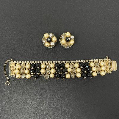 VINTAGE BLACK & GOLD HOBE EARRING & BRACELET SET