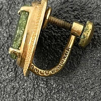 VINTAGE AMCO 1/20 14K GOLD FILLED EARRINGS W/ GREEN STONE