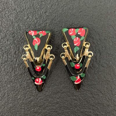 VINTAGE BLACK & GOLD TRIANGLE EARRINGS W/ PINK ROSES