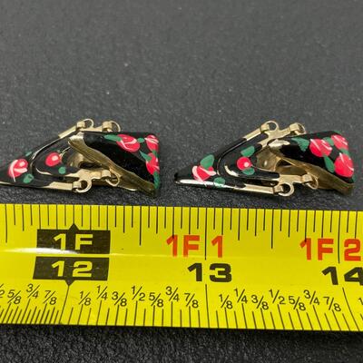 VINTAGE BLACK & GOLD TRIANGLE EARRINGS W/ PINK ROSES