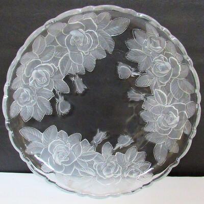 Large Glass Serving Tray, Rose Theme, Very Heavy Glass