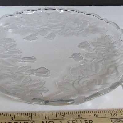 Large Glass Serving Tray, Rose Theme, Very Heavy Glass