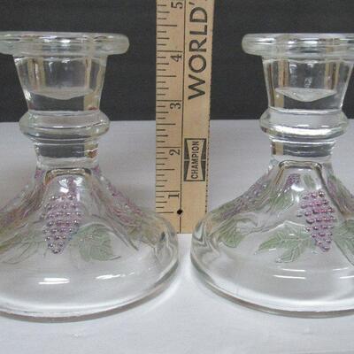 Pair Vintage Glass Candlesticks With Grapes Pattern