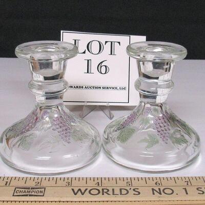 Pair Vintage Glass Candlesticks With Grapes Pattern