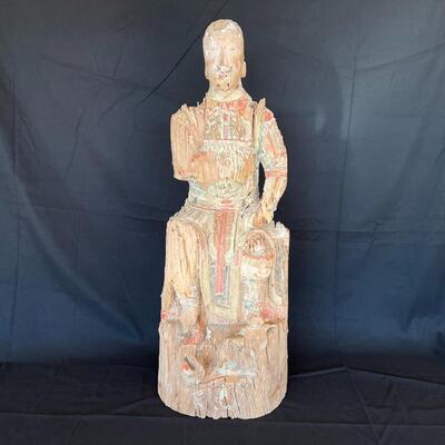 Large 18th Century Qing Dynasty Hubei Province Wood Carving of Seated Warrior
