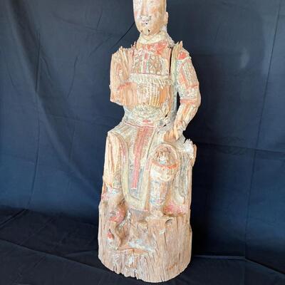 Large 18th Century Qing Dynasty Hubei Province Wood Carving of Seated Warrior