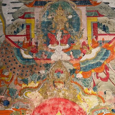 19th Century Tibetan Thangka Scroll Painting of Je Tsong Khapa Seated on Lotus Throne