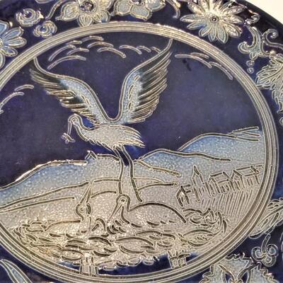 Lot #2  Signed Art Pottery - Cobalt Blue - Crane feeding her young