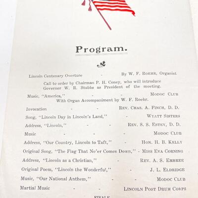 1909 ABRAHAM LINCOLN MEMORIAL PROGRAM - FROM TOPEKAâ€™S FIRST UNITED METHODIST CHURCH