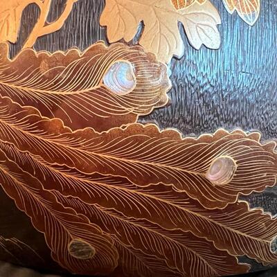 Beautiful Antique Kiri Wood Hibachi with Makie and Copper Metal Insert