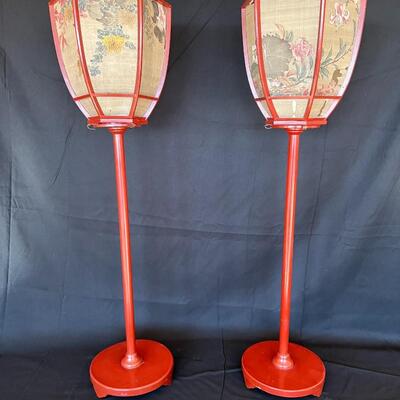Pair of 19th Century Japanese Red Lacquer Candlesticks with Painted Silk Lamp Housing