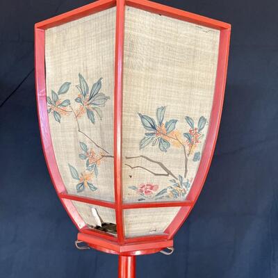 Pair of 19th Century Japanese Red Lacquer Candlesticks with Painted Silk Lamp Housing