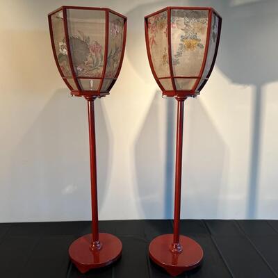 Pair of 19th Century Japanese Red Lacquer Candlesticks with Painted Silk Lamp Housing