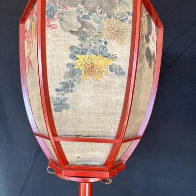 Pair of 19th Century Japanese Red Lacquer Candlesticks with Painted Silk Lamp Housing