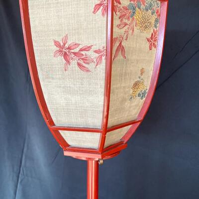 Pair of 19th Century Japanese Red Lacquer Candlesticks with Painted Silk Lamp Housing