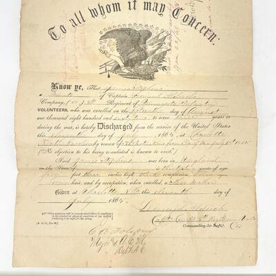 1865 CIVIL WAR DISCHARGE PAPER & 1910 INVALID VOUCHER - JAMES STEPHENS, MINNESOTA INFANTRY 8TH REGIMENT COMPANY F