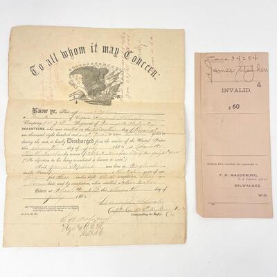 1865 CIVIL WAR DISCHARGE PAPER & 1910 INVALID VOUCHER - JAMES STEPHENS, MINNESOTA INFANTRY 8TH REGIMENT COMPANY F