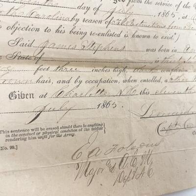 1865 CIVIL WAR DISCHARGE PAPER & 1910 INVALID VOUCHER - JAMES STEPHENS, MINNESOTA INFANTRY 8TH REGIMENT COMPANY F
