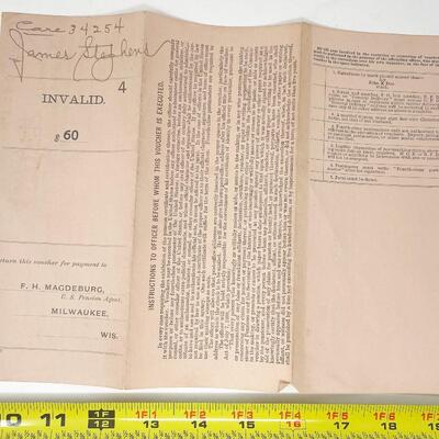 1865 CIVIL WAR DISCHARGE PAPER & 1910 INVALID VOUCHER - JAMES STEPHENS, MINNESOTA INFANTRY 8TH REGIMENT COMPANY F