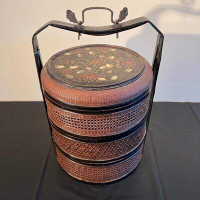 Antique Chinese Three Tiered Wicker Wedding Basket with Hand Painted Floral Lid